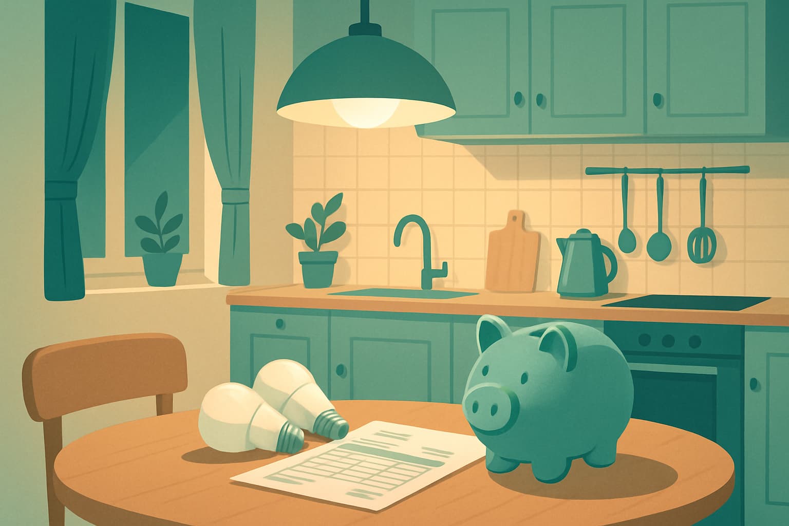 Familia española revisando su factura de la luz con una bombilla LED