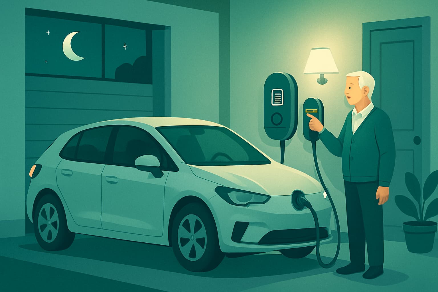 Coche eléctrico cargando en garaje doméstico durante la noche